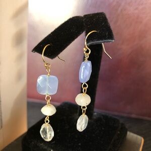 Artisan earrings sky blue chalcedony moonstone and quartz on gold filled wire 2”